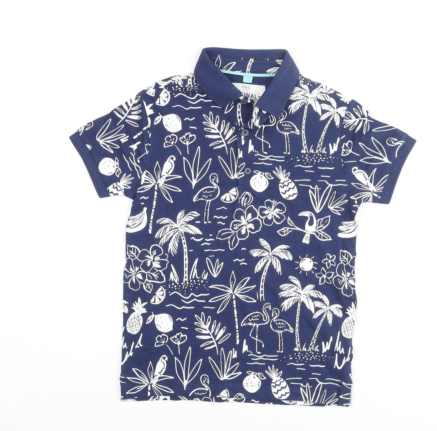 Marks and Spencer Boys Blue Geometric Cotton Basic Polo Size 5-6 Years Collared Button - Palm Tree Flamingo Flower