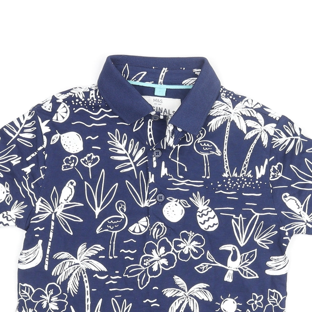 Marks and Spencer Boys Blue Geometric Cotton Basic Polo Size 5-6 Years Collared Button - Palm Tree Flamingo Flower