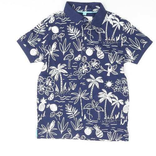 Marks and Spencer Boys Blue Geometric Cotton Basic Polo Size 5-6 Years Collared Button - Palm Tree Flower Flamingo