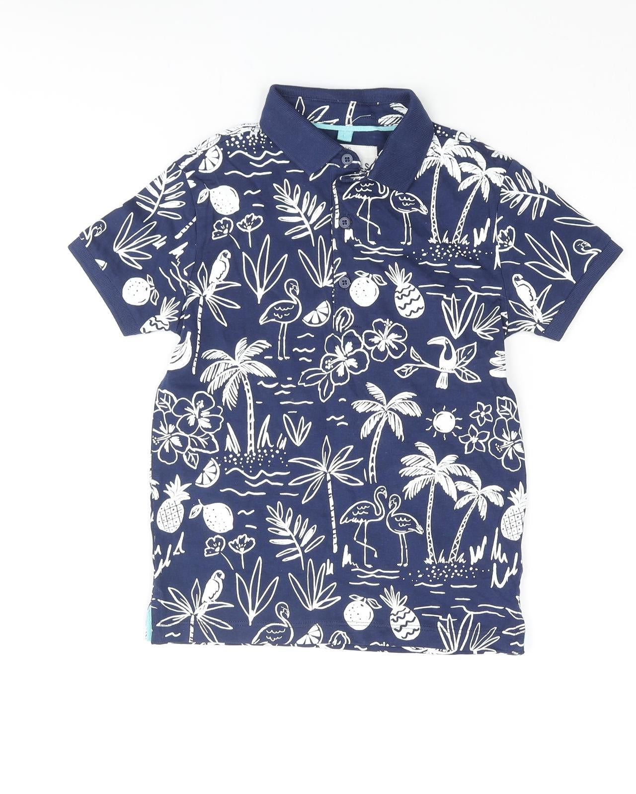 Marks and Spencer Boys Blue Geometric Cotton Basic Polo Size 5-6 Years Collared Button - Palm Tree Flower Flamingo