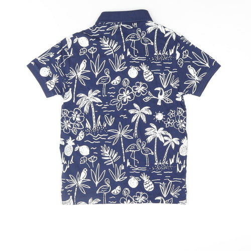 Marks and Spencer Boys Blue Geometric Cotton Basic Polo Size 5-6 Years Collared Button - Palm Tree Flower Flamingo