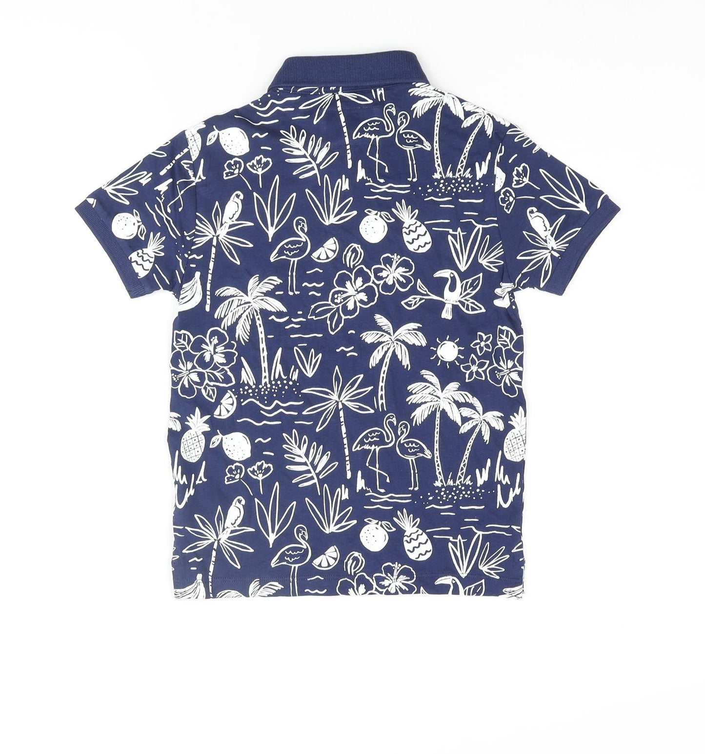 Marks and Spencer Boys Blue Geometric Cotton Basic Polo Size 5-6 Years Collared Button - Palm Tree Flower Flamingo