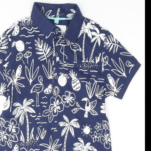 Marks and Spencer Boys Blue Geometric Cotton Basic Polo Size 5-6 Years Collared Button - Palm Tree Flower Flamingo