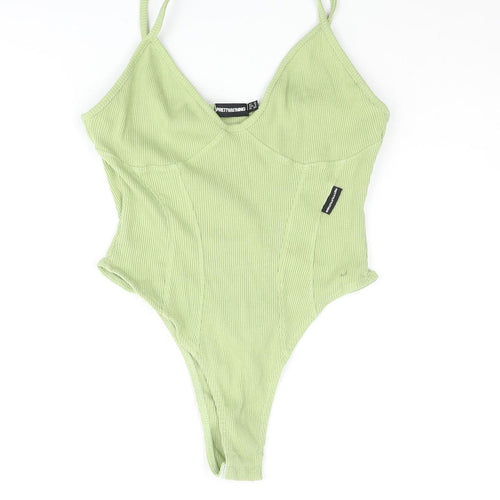 PRETTYLITTLETHING Womens Green Cotton Bodysuit One-Piece Size 10 Snap - Ribbed Logo