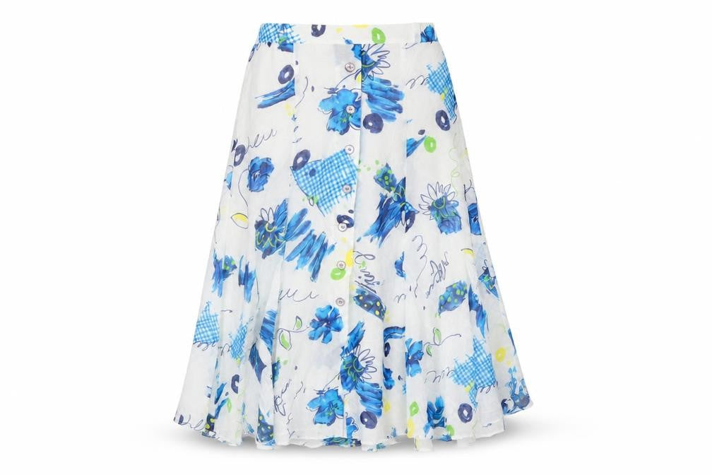 Front view of FINK women’s white geometric polyester flare skirt, size UK 14, zip - button