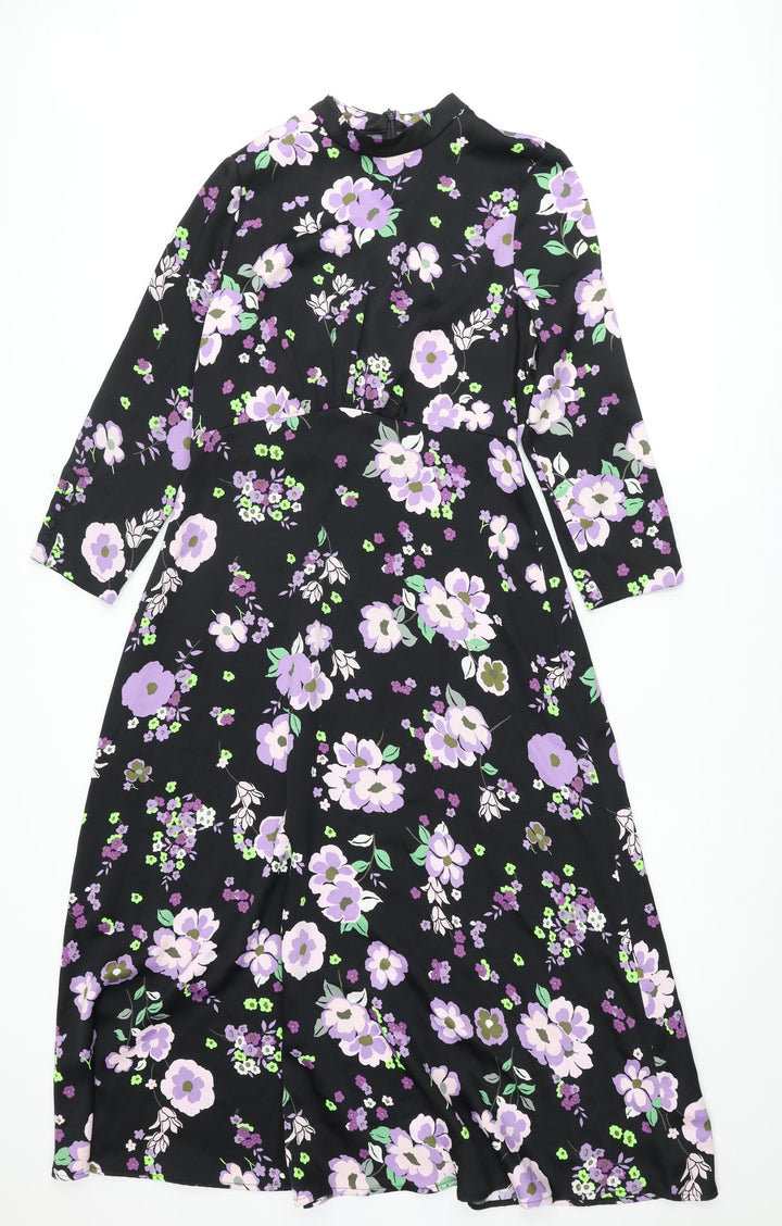 Marks and Spencer Womens Black Floral Polyester Maxi Size 10 Mock Neck Zip