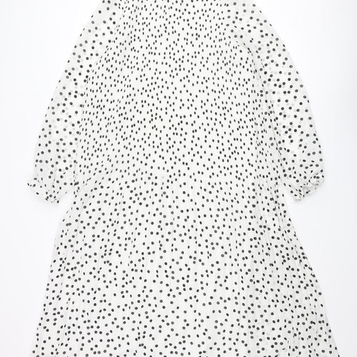 Warehouse Womens White Polka Dot Polyester Shift Size 10 Mock Neck Button - Pleated