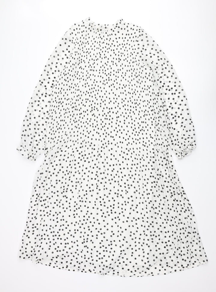 Warehouse Womens White Polka Dot Polyester Shift Size 10 Mock Neck Button - Pleated
