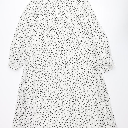 Warehouse Womens White Polka Dot Polyester Shift Size 10 Mock Neck Button - Pleated