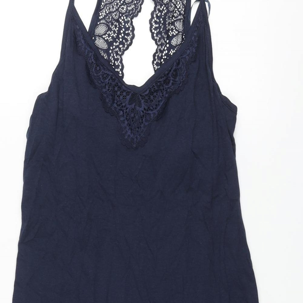 Marks and Spencer Womens Blue Solid Cotton Cami Dress Size 10 - Lace Back