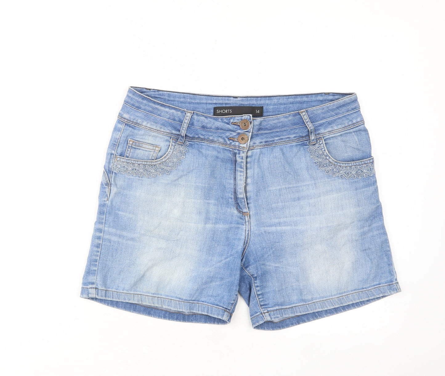 NEXT Womens Blue Cotton Bermuda Shorts Size 14 L5 in Regular Zip - Pockets, Belt Loops, Embroided