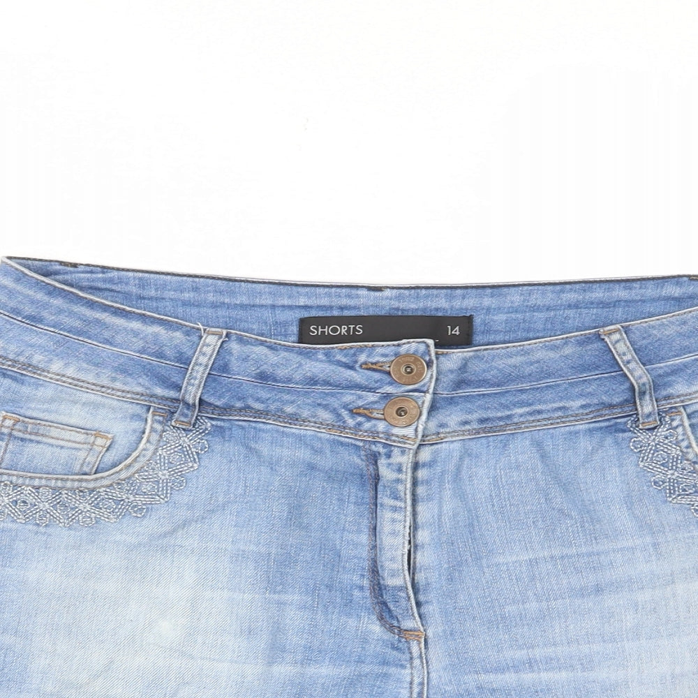 NEXT Womens Blue Cotton Bermuda Shorts Size 14 L5 in Regular Zip - Pockets, Belt Loops, Embroided