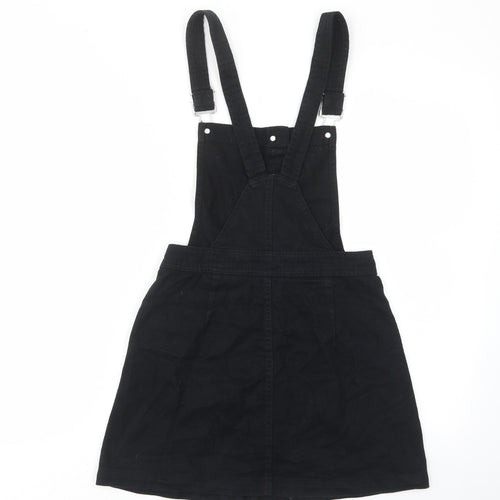H&M Womens Black Cotton Pinafore/Dungaree Dress Size 6 Square Neck Button - Buckle, Pockets, Adjustable straps