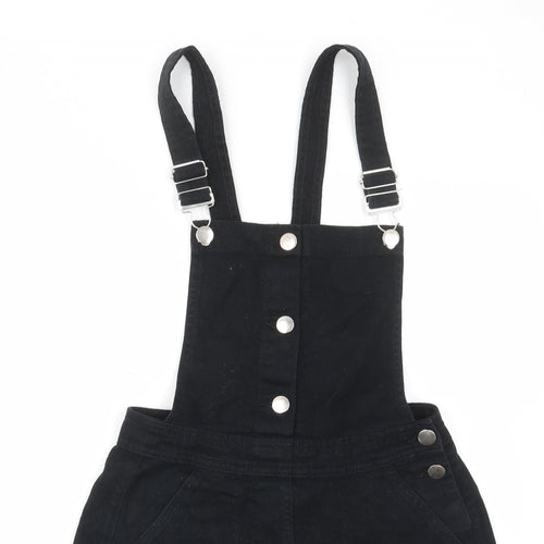 H&M Womens Black Cotton Pinafore/Dungaree Dress Size 6 Square Neck Button - Buckle, Pockets, Adjustable straps