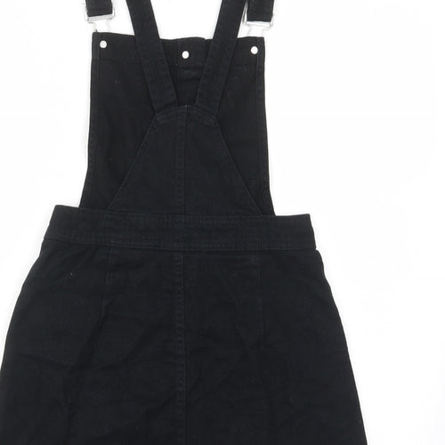 H&M Womens Black Cotton Pinafore/Dungaree Dress Size 6 Square Neck Button - Buckle, Pockets, Adjustable straps