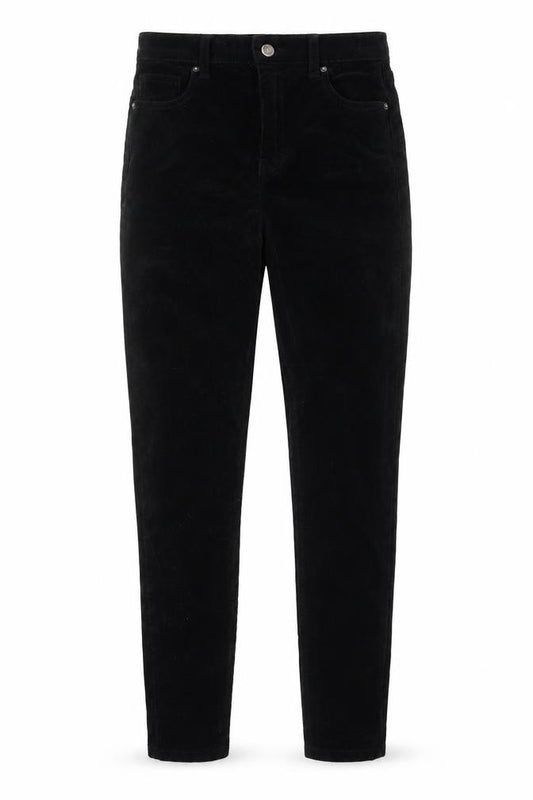 Front view of Topshop women’s black cotton trousers, size UK 26, in, 30-inch leg regular zip - pockets, belt loops