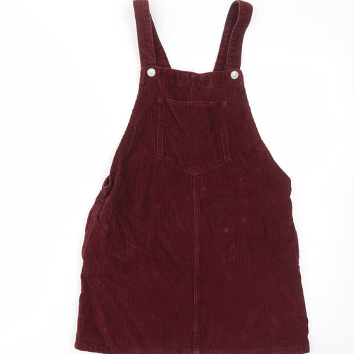 Topshop Womens Red Cotton Pinafore/Dungaree Dress Size 6 Square Neck Button - Pockets