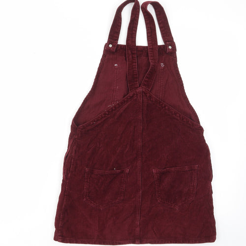 Topshop Womens Red Cotton Pinafore/Dungaree Dress Size 6 Square Neck Button - Pockets