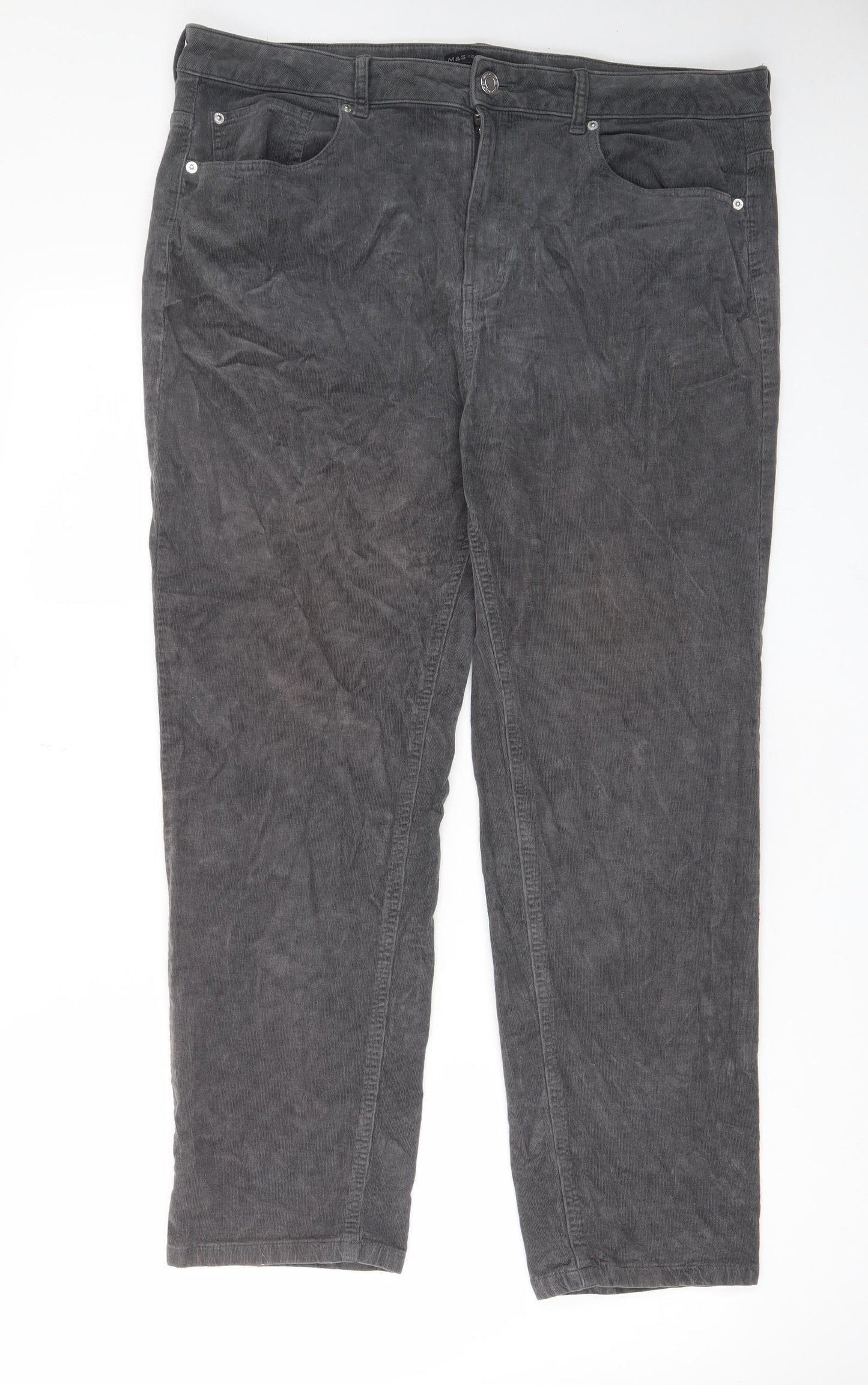 Marks and Spencer Womens Grey Cotton Trousers Size 20 L28 in Regular Zip - Pockets, Belt Loops