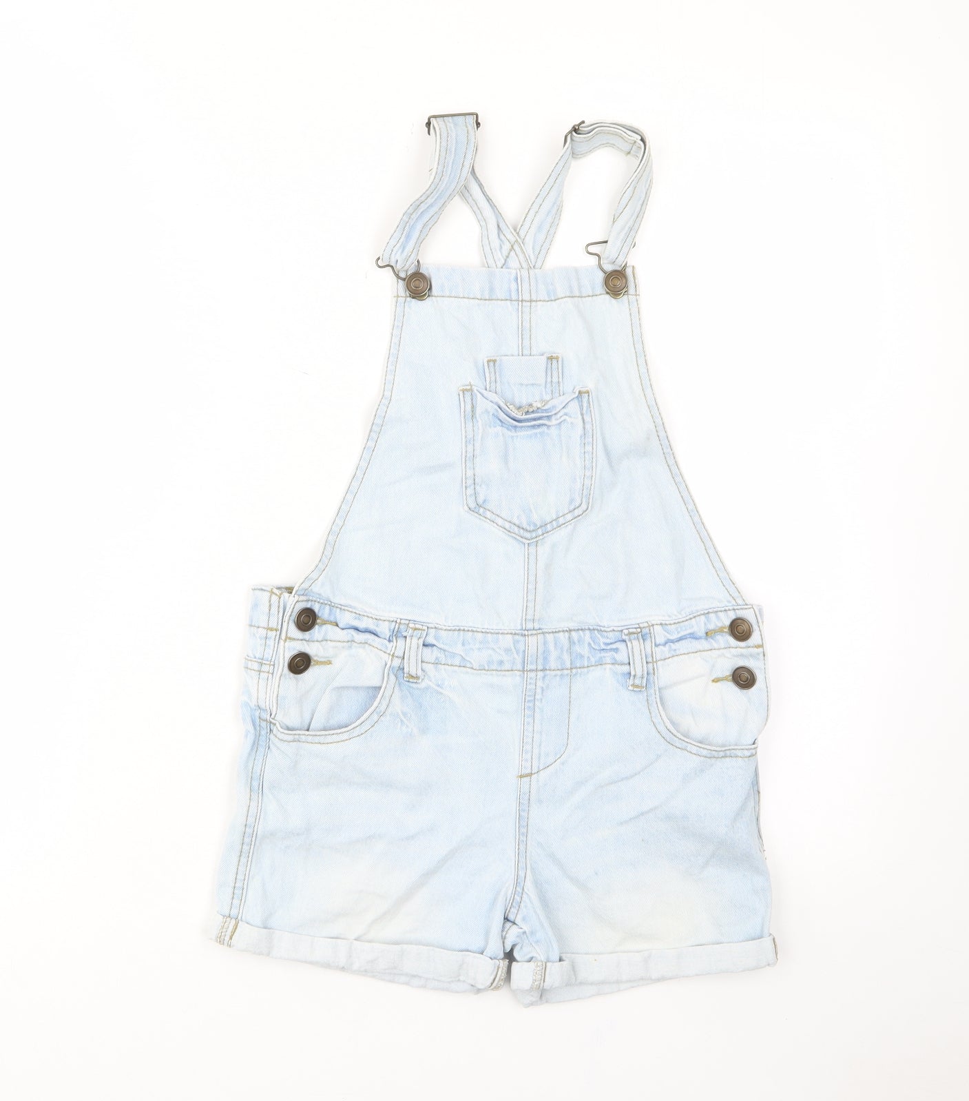 Denim & Co. Girls Blue Cotton Dungaree One-Piece Size 10-11 Years Button - Pockets, Belt Loops
