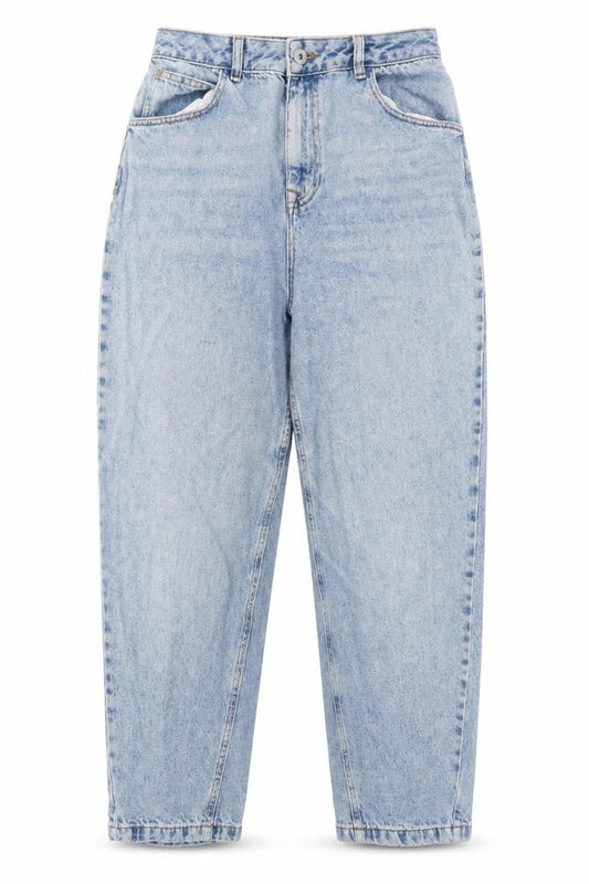 Front view of Collusion women’s blue cotton boyfriend jeans, size UK 30, in, 32-inch leg regular button - pockets, belt loops