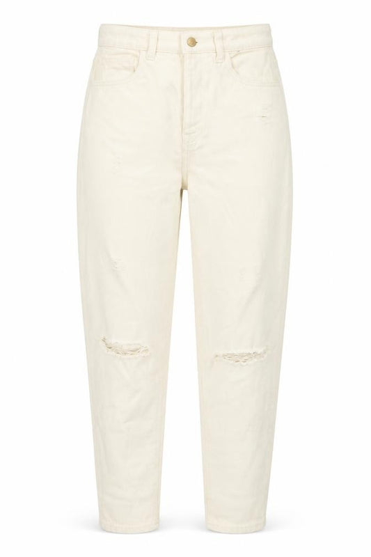 Front view of Denim & Co. women’s beige cotton mom jeans, size UK 10, 28-inch leg regular button - pockets, belt loops