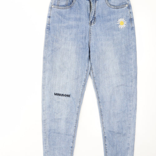 Jeans Womens Blue Cotton Straight Jeans Size 26 in L23 in Regular Zip - Flower, Pockets, Belt Loops, Embroided