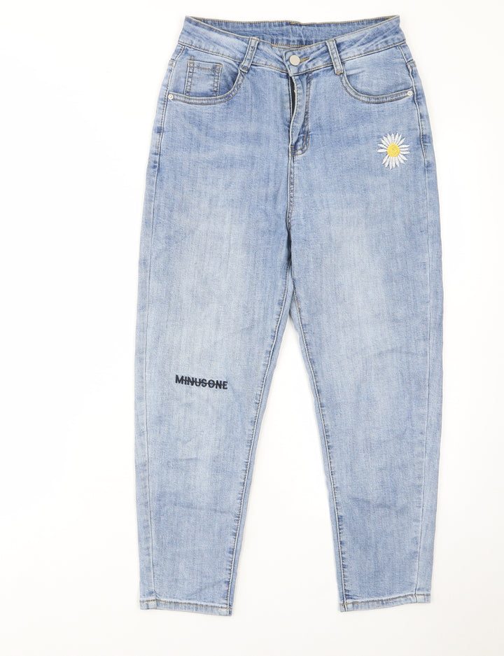 Jeans Womens Blue Cotton Straight Jeans Size 26 in L23 in Regular Zip - Flower, Pockets, Belt Loops, Embroided