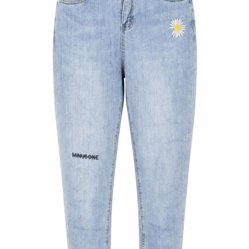 Jeans Womens Blue Cotton Straight Jeans Size 26 in L23 in Regular Zip - Flower, Pockets, Belt Loops, Embroided