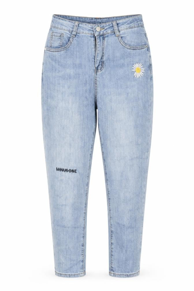 Jeans Womens Blue Cotton Straight Jeans Size 26 in L23 in Regular Zip - Flower, Pockets, Belt Loops, Embroided