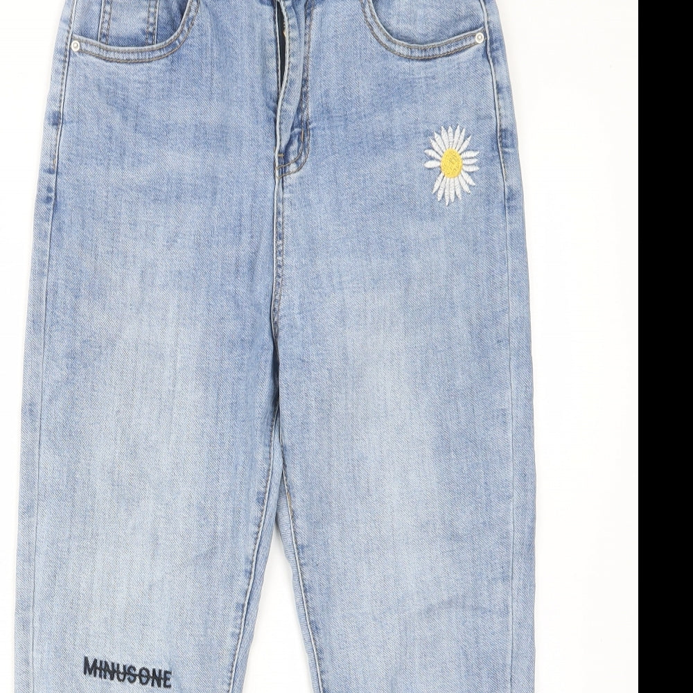 Jeans Womens Blue Cotton Straight Jeans Size 26 in L23 in Regular Zip - Flower, Pockets, Belt Loops, Embroided