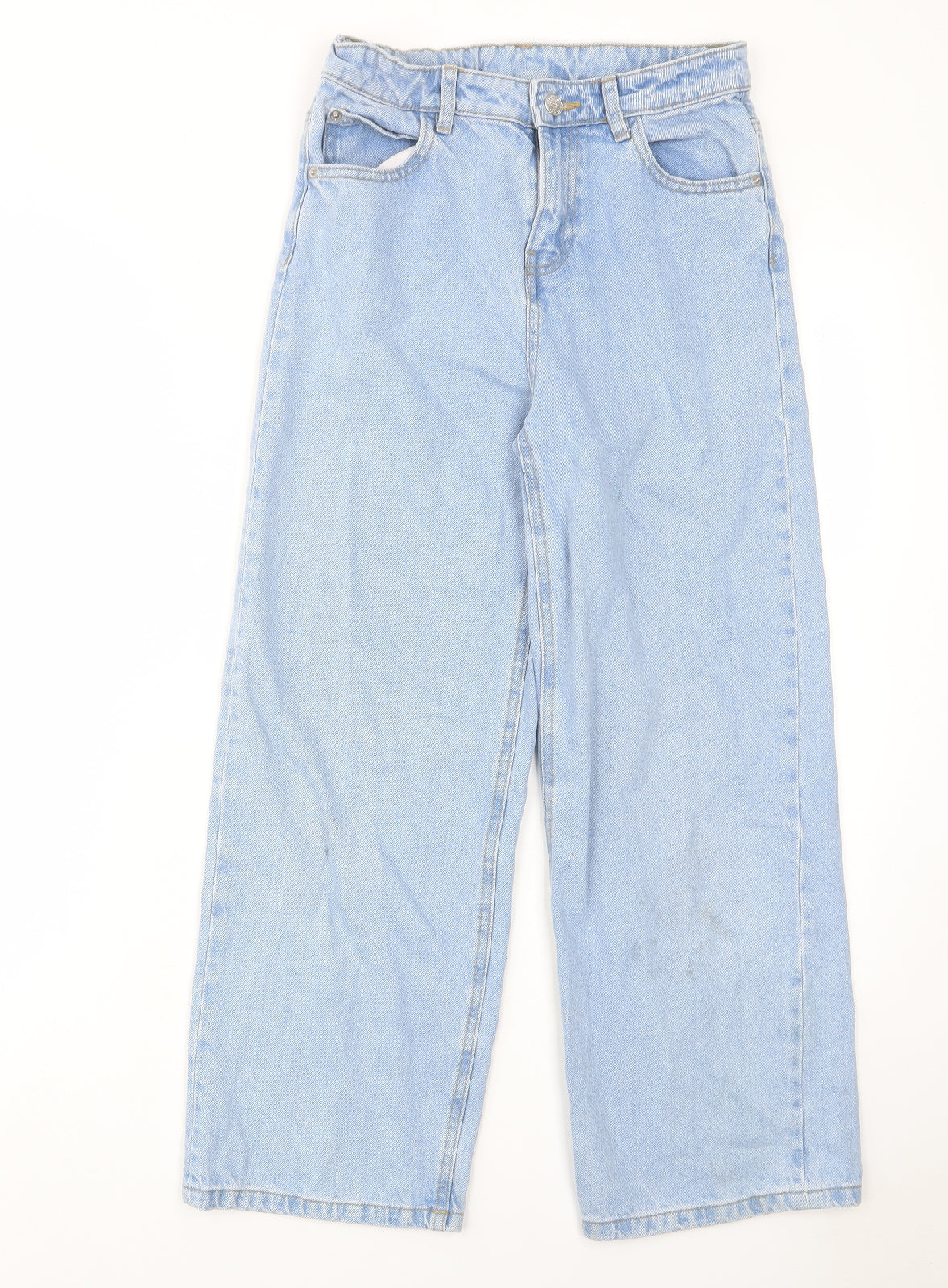 Marks and Spencer Girls Blue Cotton Wide-Leg Jeans Size 11-12 Years L20 in Regular Zip - Pockets, Belt Loops