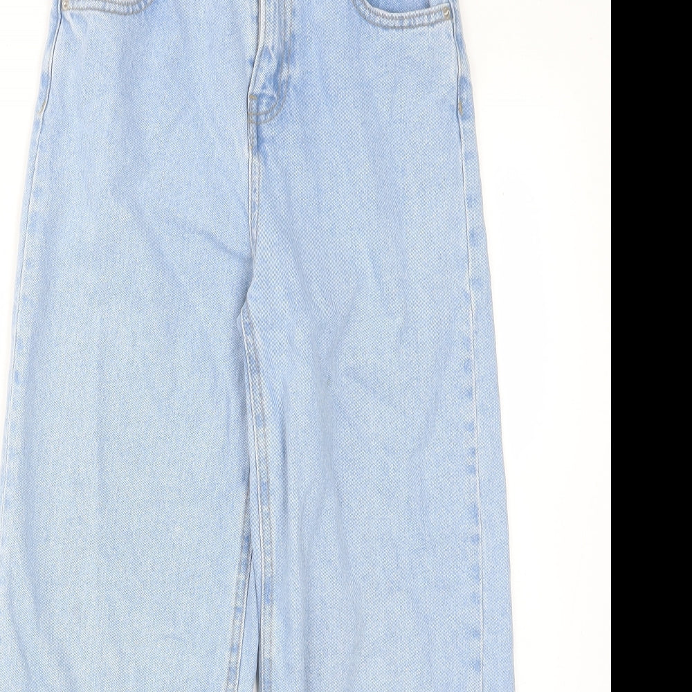 Marks and Spencer Girls Blue Cotton Wide-Leg Jeans Size 11-12 Years L20 in Regular Zip - Pockets, Belt Loops