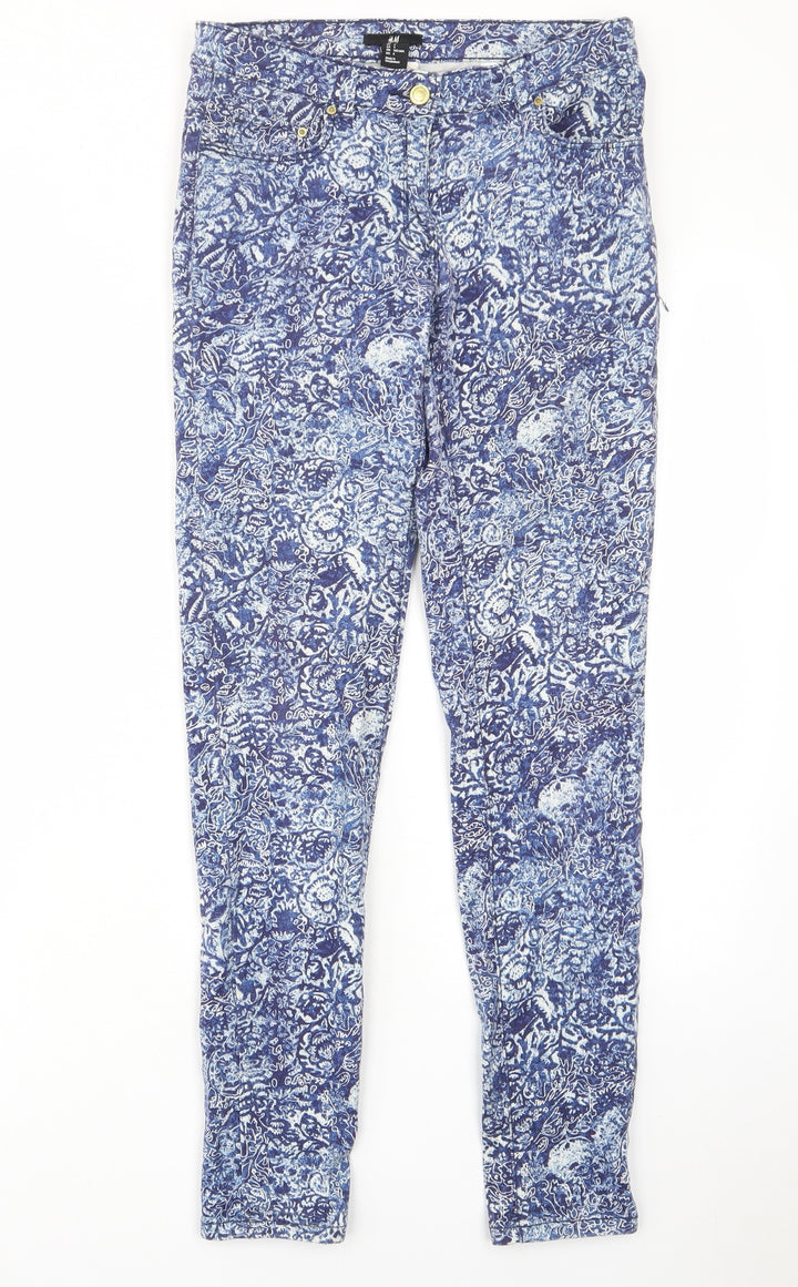 H&M Womens Blue Fair Isle Cotton Skinny Jeans Size 8 L29 in Regular Zip - Pockets, Belt Loops