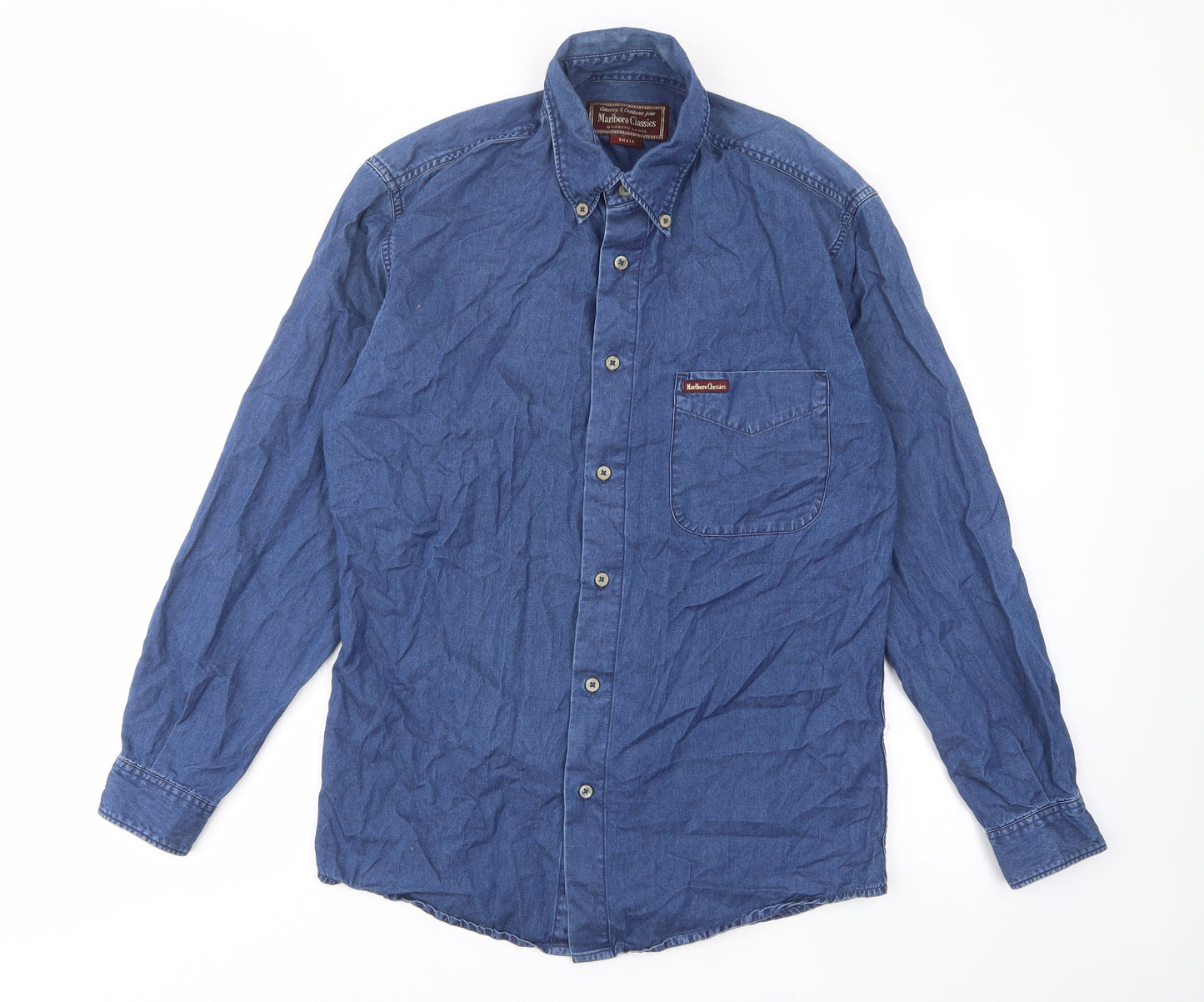 Malboro Mens Blue Cotton Button-Up Size S Collared Button - Pocket, Logo, Embroided