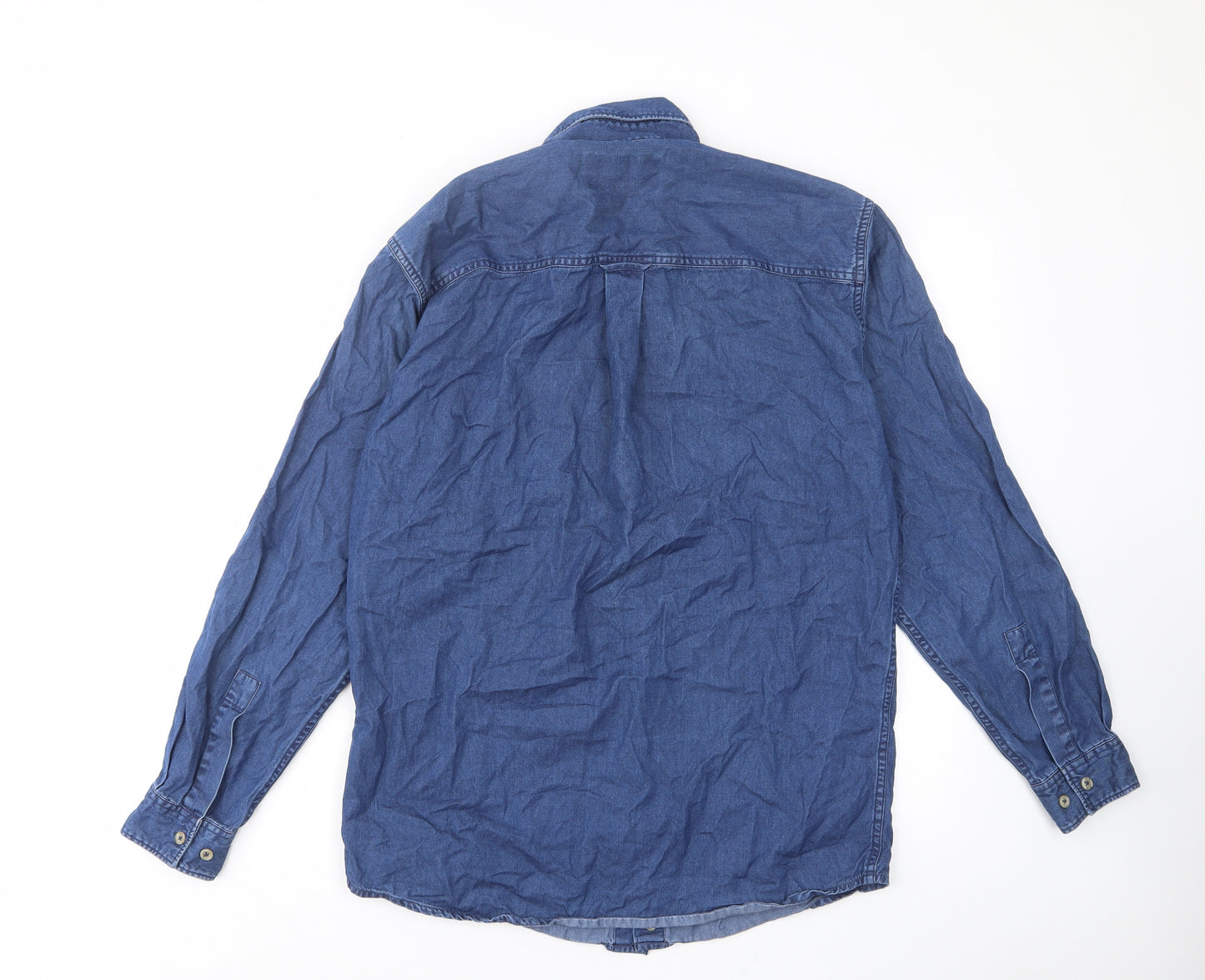 Malboro Mens Blue Cotton Button-Up Size S Collared Button - Pocket, Logo, Embroided