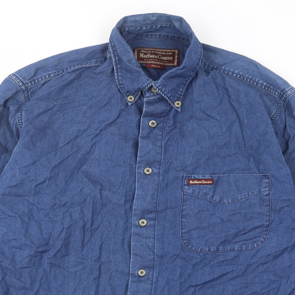 Malboro Mens Blue Cotton Button-Up Size S Collared Button - Pocket, Logo, Embroided