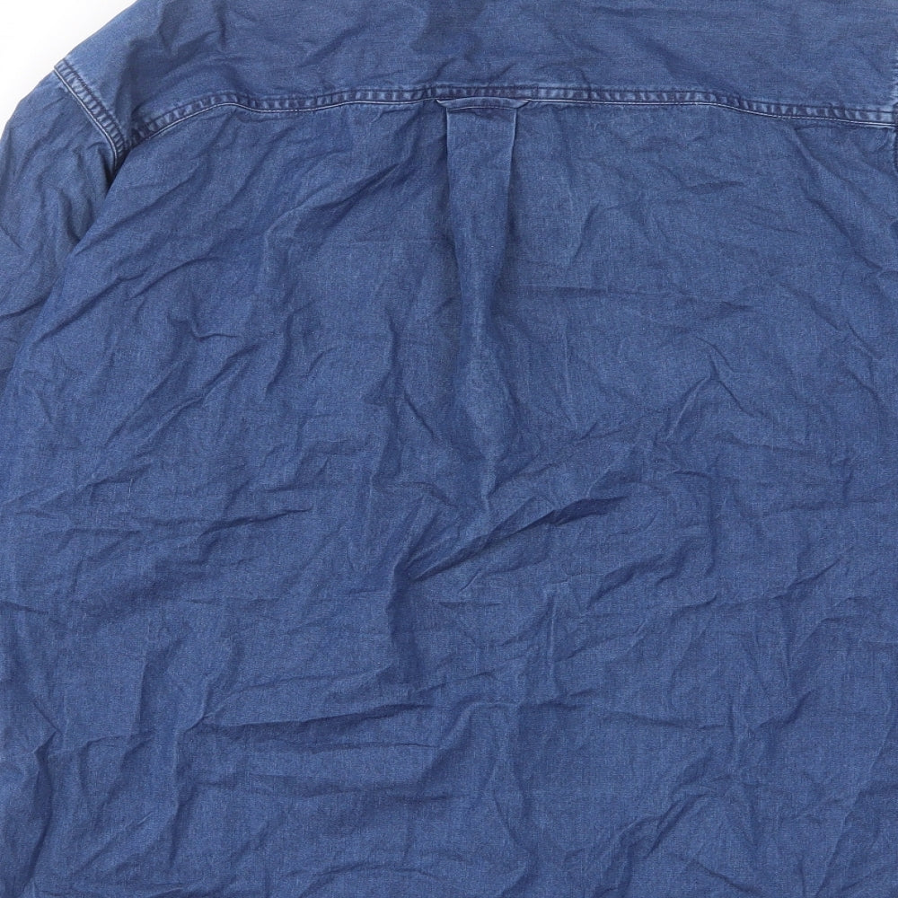 Malboro Mens Blue Cotton Button-Up Size S Collared Button - Pocket, Logo, Embroided
