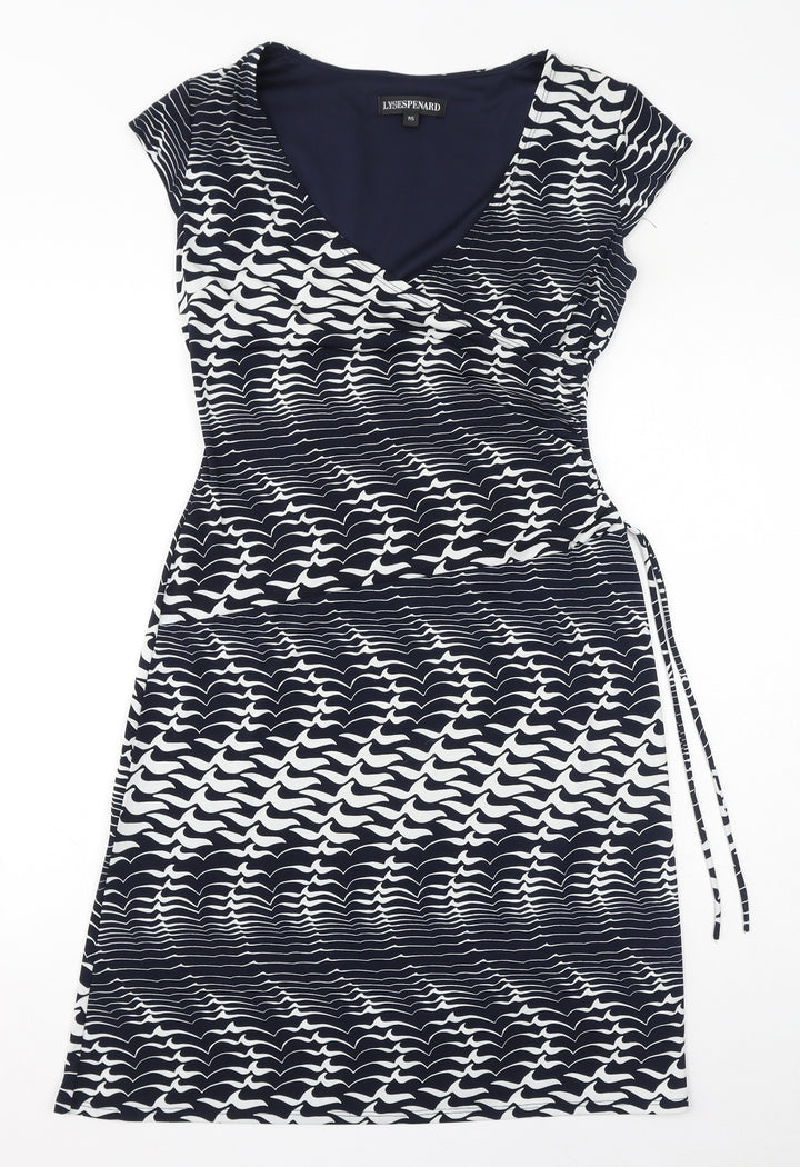 Lyse Spenard Womens Blue Geometric Polyester Bodycon Size S V-Neck Pullover