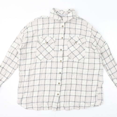 Stradivarius Womens Ivory Check Polyester Basic Button-Up Size S Collared