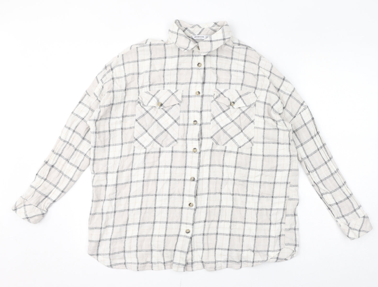 Stradivarius Womens Ivory Check Polyester Basic Button-Up Size S Collared