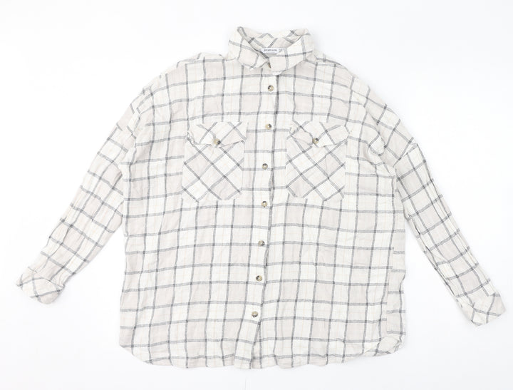 Stradivarius Womens Ivory Check Polyester Basic Button-Up Size S Collared