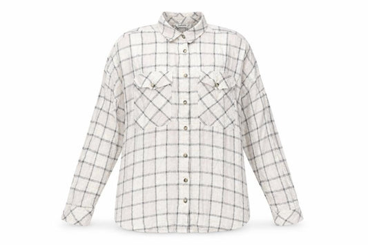 Front view of Stradivarius women’s ivory check polyester basic button-up, size S, collared