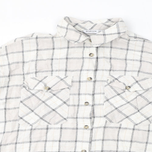 Stradivarius Womens Ivory Check Polyester Basic Button-Up Size S Collared