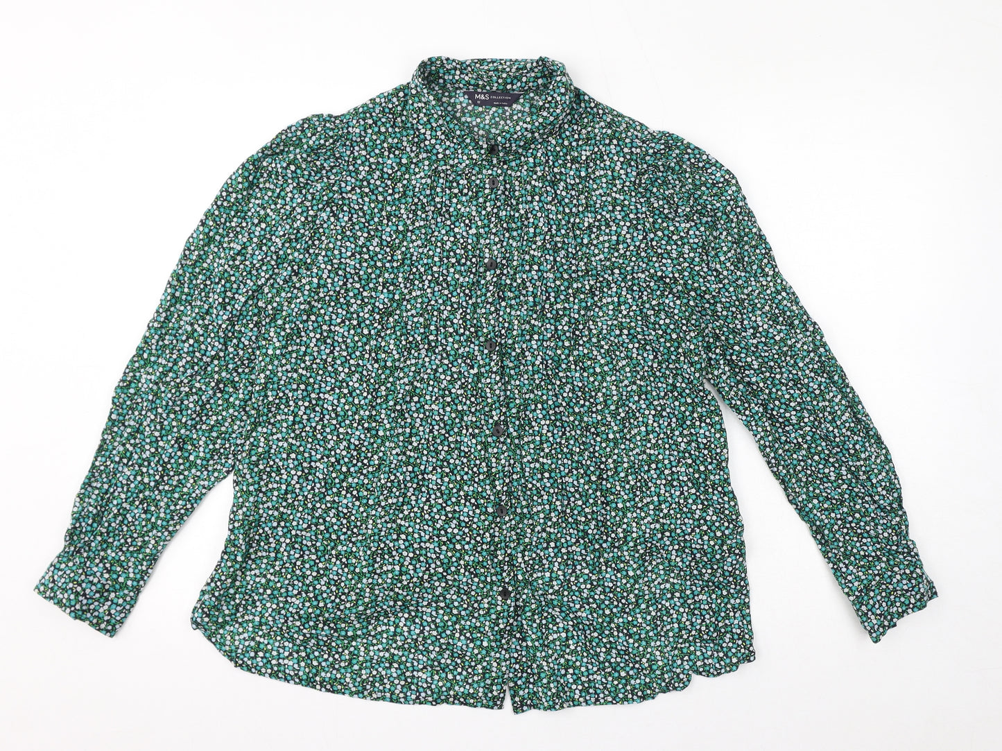Marks and Spencer Womens Green Floral Cotton Basic Button-Up Size 12 Collared