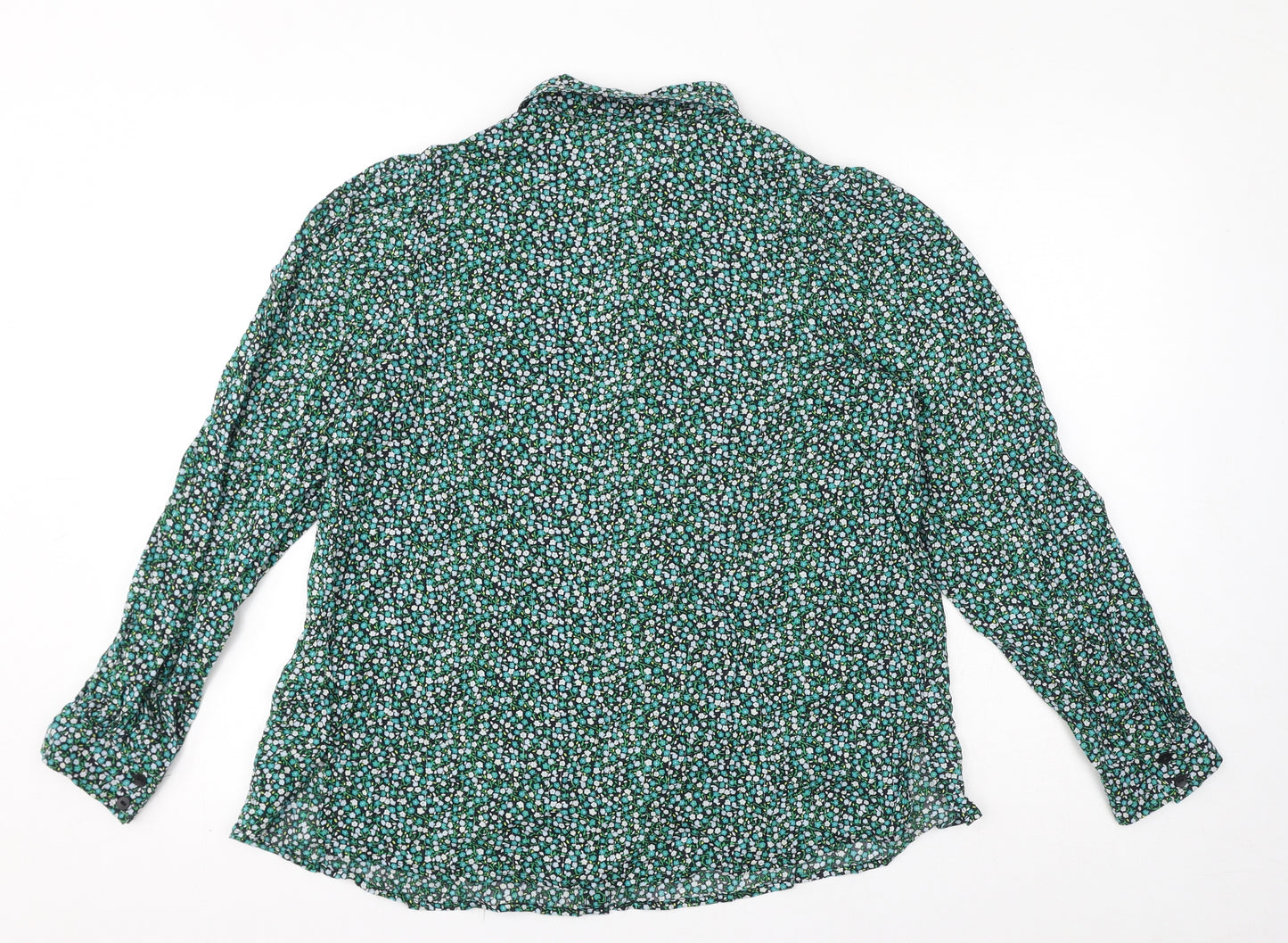 Marks and Spencer Womens Green Floral Cotton Basic Button-Up Size 12 Collared