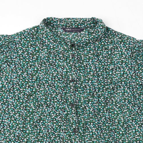 Marks and Spencer Womens Green Floral Cotton Basic Button-Up Size 12 Collared