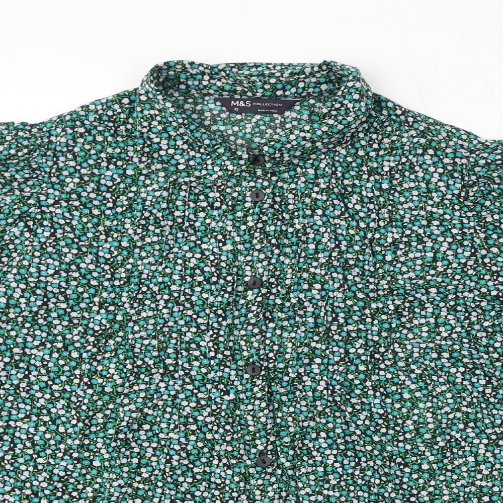 Marks and Spencer Womens Green Floral Cotton Basic Button-Up Size 12 Collared