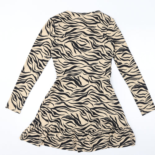 Divided by H&M Womens Brown Animal Print Polyester A-Line Size XS V-Neck Tie