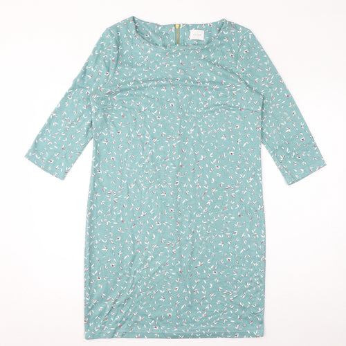VILA Womens Blue Geometric Polyester T-Shirt Dress Size M Round Neck Pullover - Leaves